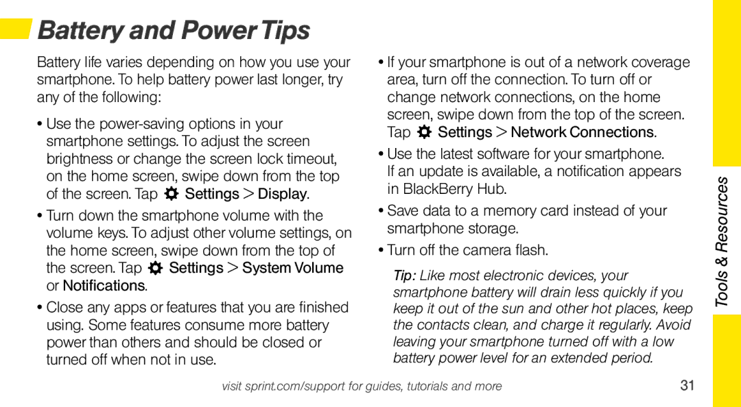 Sprint Nextel Q10 manual Battery and Power Tips 