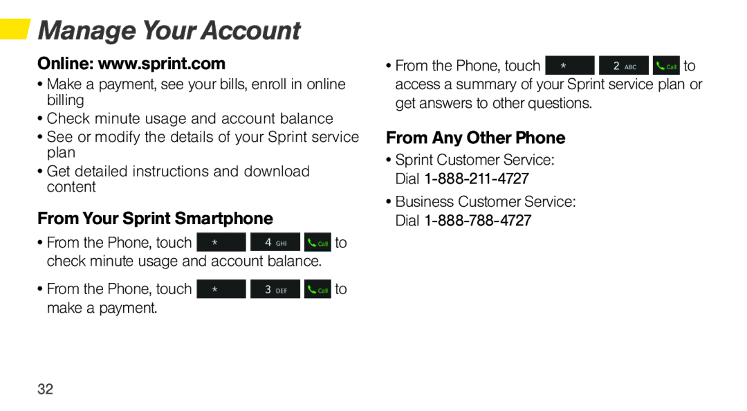 Sprint Nextel Q10 manual Manage Your Account, From Your Sprint Smartphone, From Any Other Phone 