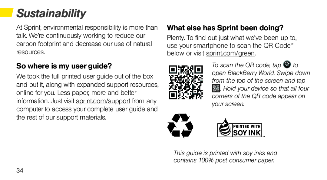 Sprint Nextel Q10 manual Sustainability, So where is my user guide? What else has Sprint been doing? 