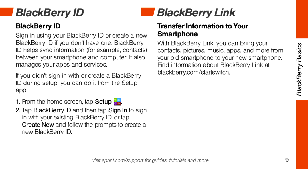 Sprint Nextel Q10 manual BlackBerry ID BlackBerry Link, Transfer Information to Your Smartphone 