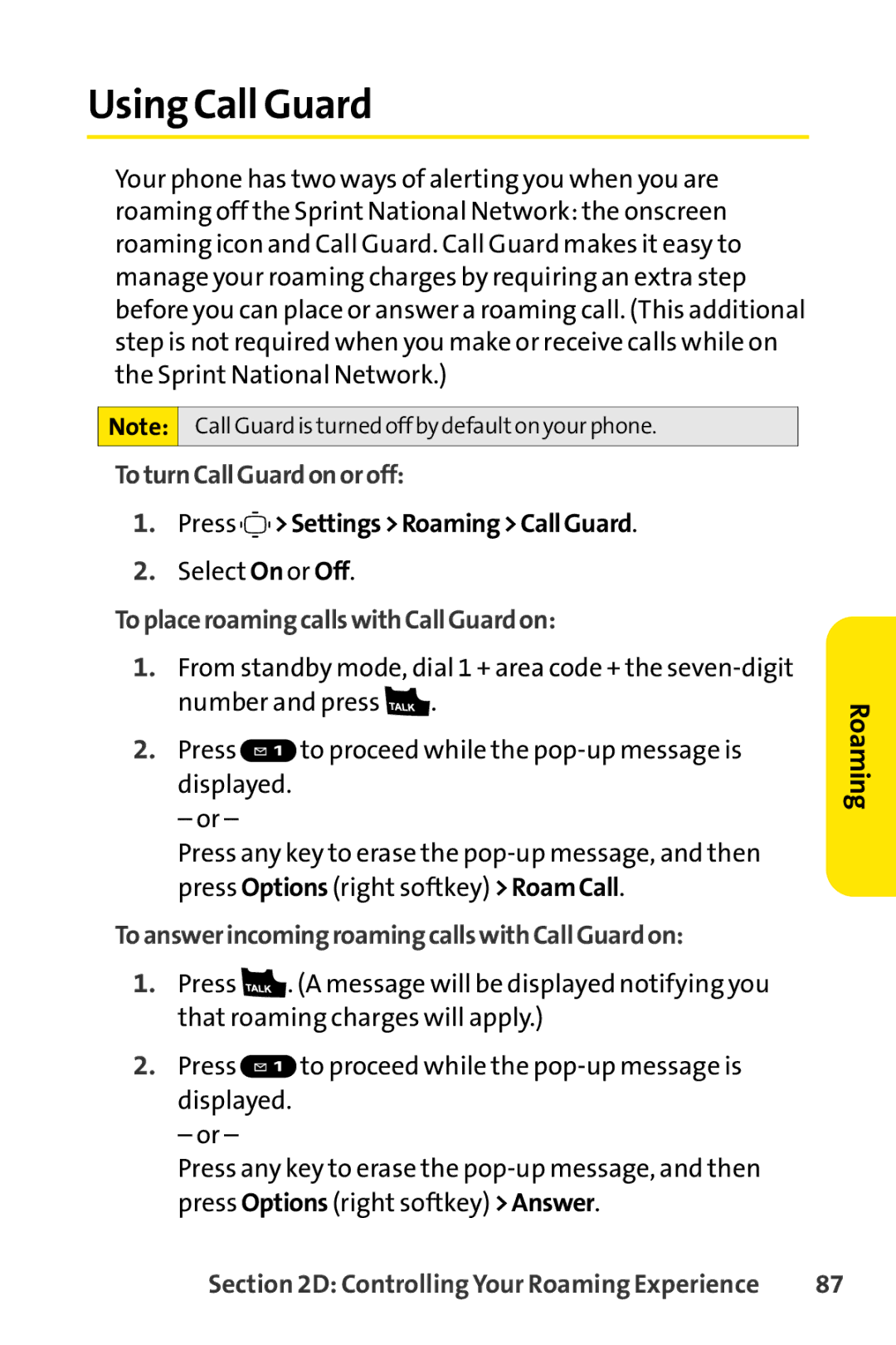 Sprint Nextel S1 manual Using Call Guard, To turn Call Guard onoroff, Press Settings Roaming Call Guard 