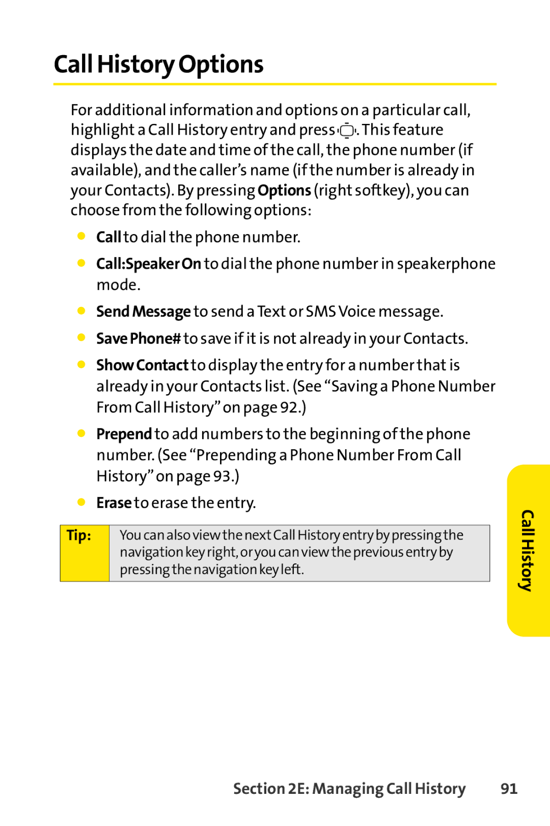 Sprint Nextel S1 manual Call History Options, Tip 