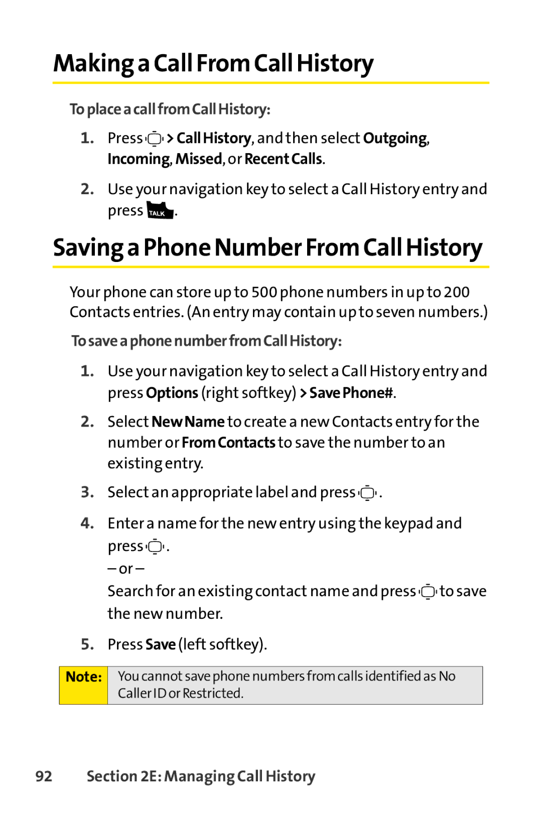 Sprint Nextel S1 Making a Call From Call History, To place a callfromCallHistory, To savea phonenumberfromCallHistory 