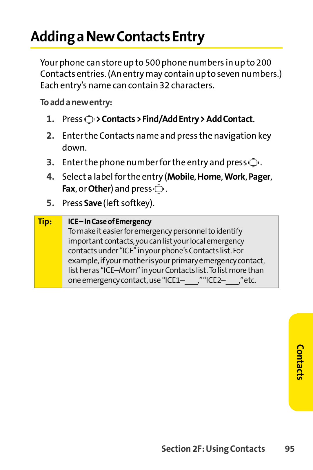 Sprint Nextel S1 manual Adding a New Contacts Entry, To add a new entry, Press Contacts Find/Add EntryAdd Contact 