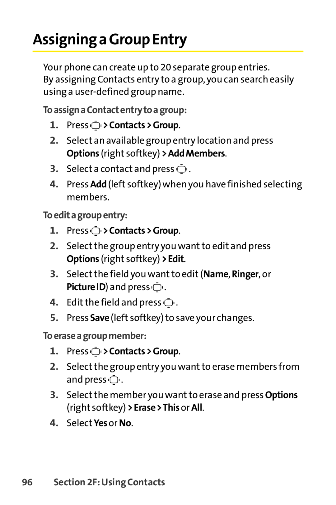 Sprint Nextel S1 Assigning a Group Entry, To assign a Contactentry to a group, Press Contacts Group, To edita group entry 