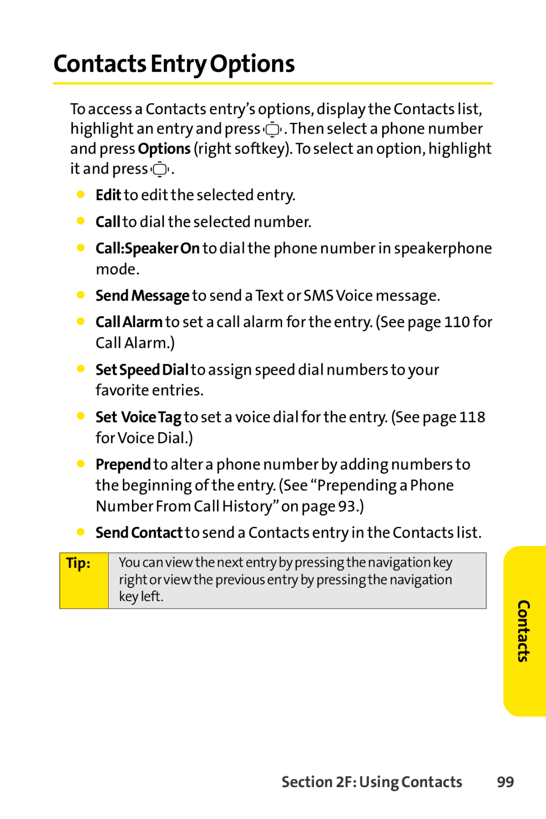 Sprint Nextel S1 manual Contacts Entry Options, Tip 