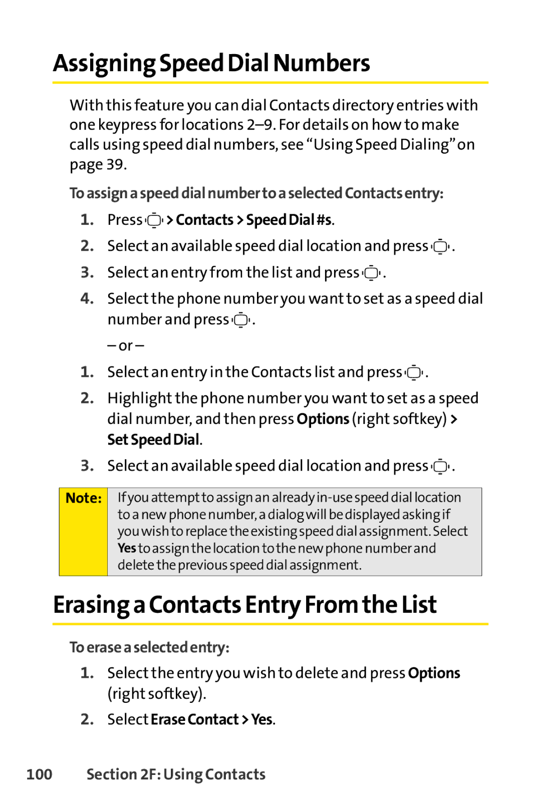 Sprint Nextel S1 manual Assigning Speed Dial Numbers, Erasing a Contacts Entry From the List, To erase a selected entry 