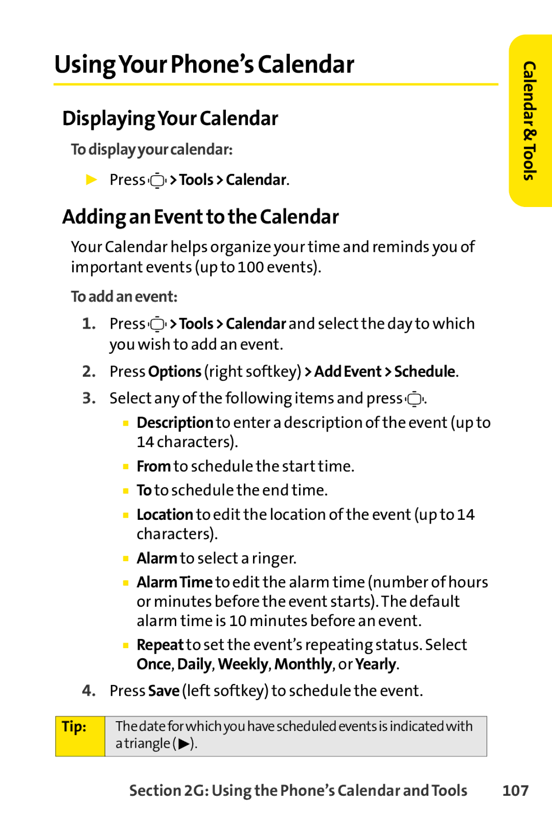 Sprint Nextel S1 manual UsingYour Phone’s Calendar, DisplayingYour Calendar, Adding an Event to the Calendar 