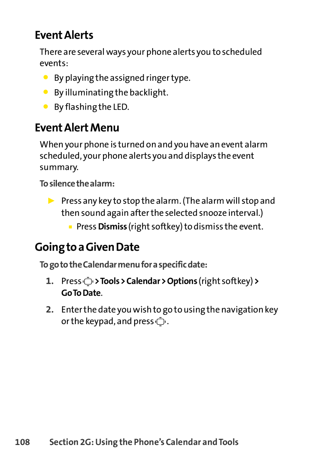 Sprint Nextel S1 manual Event Alerts, Event Alert Menu, Going to a Given Date, To silence the alarm 