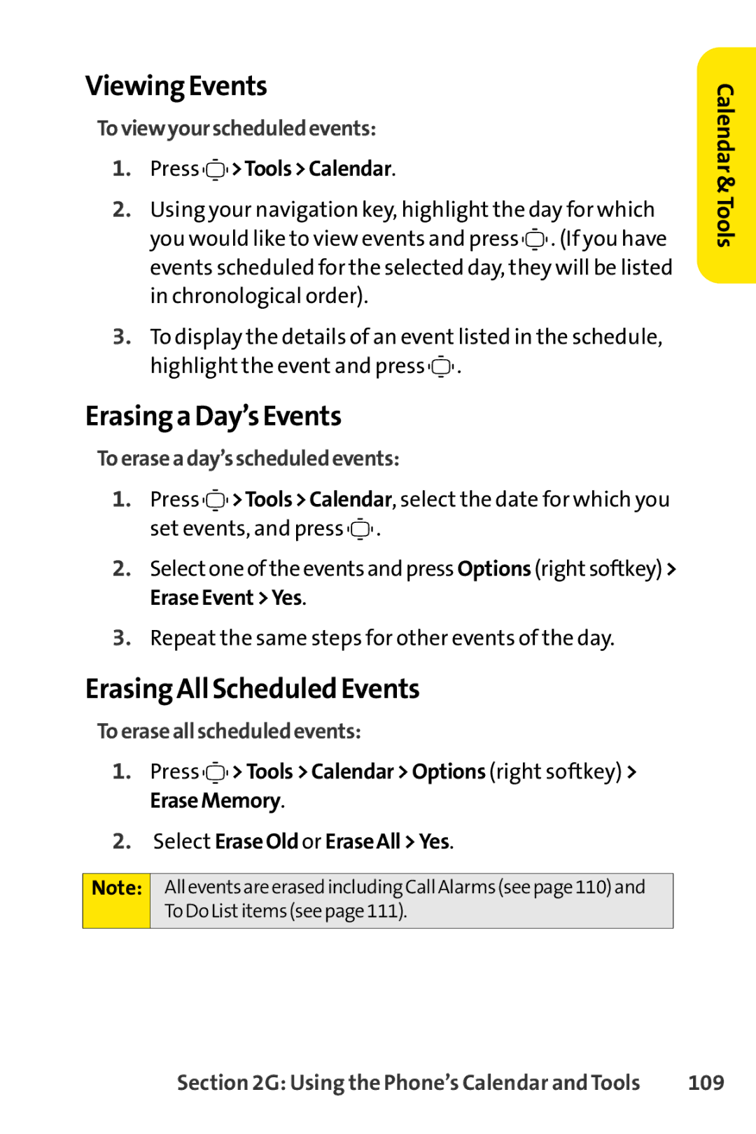 Sprint Nextel S1 manual Viewing Events, Erasing a Day’s Events, Erasing All Scheduled Events 