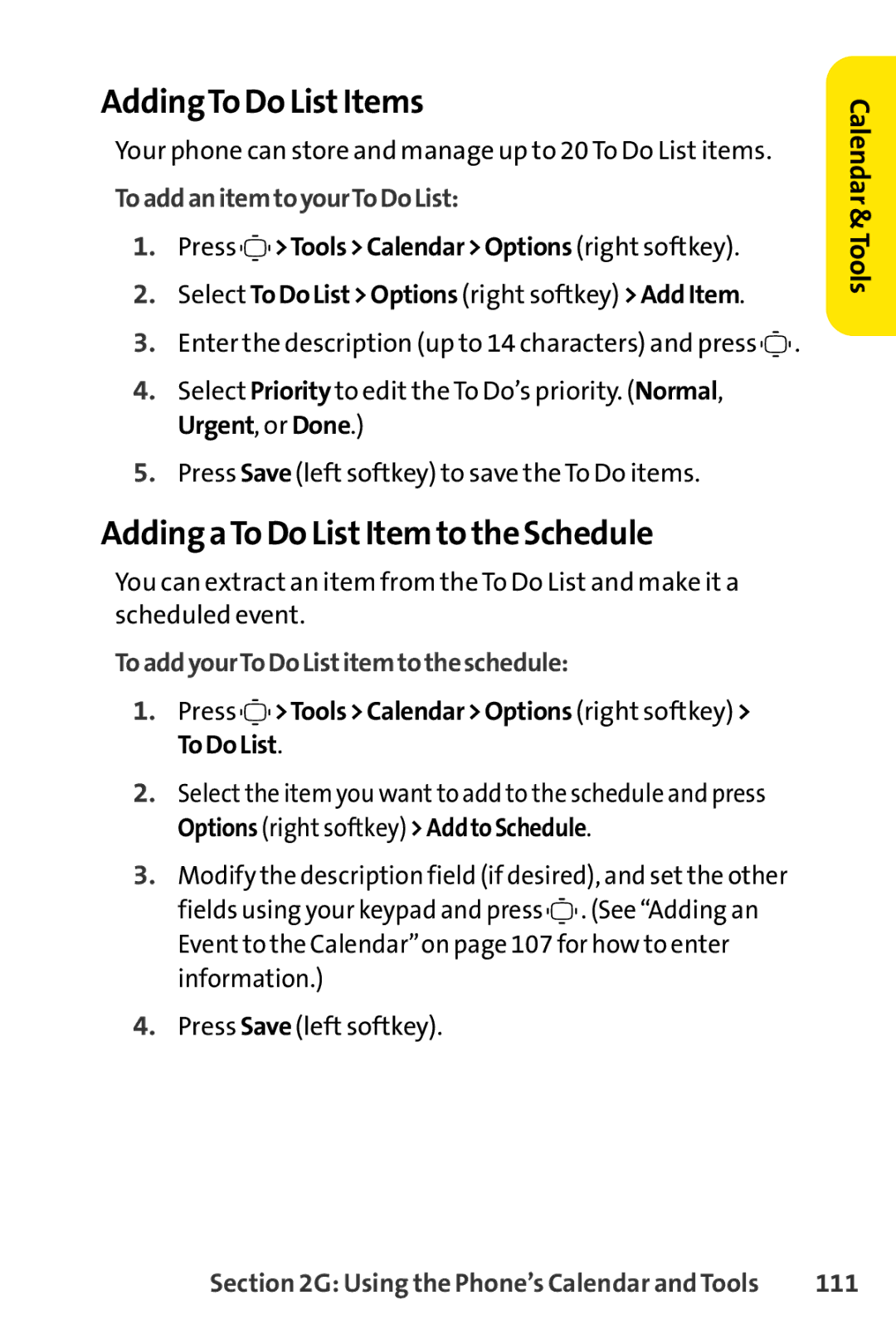 Sprint Nextel S1 AddingTo Do List Items, Adding aTo Do List Item to the Schedule, To add an item to yourTo Do List, 111 