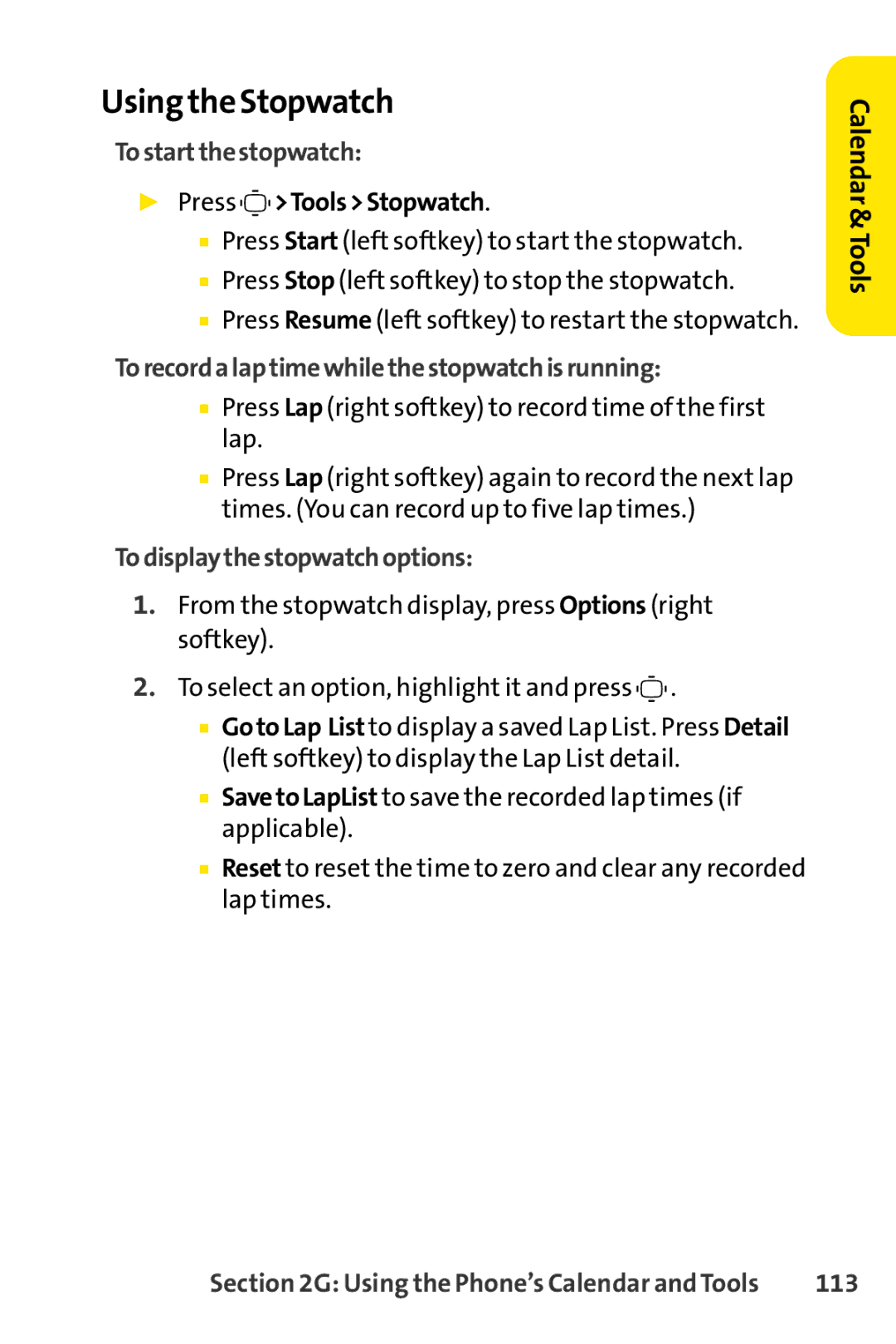 Sprint Nextel S1 manual Using the Stopwatch, To startthestopwatch, To record a lap time whilethe stopwatchis running, 113 