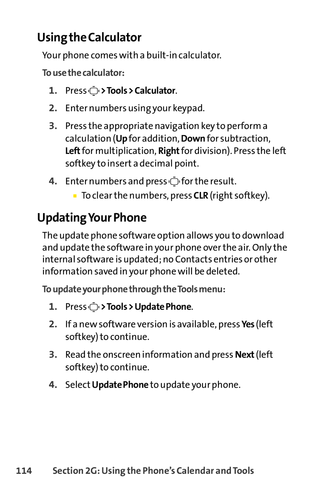 Sprint Nextel S1 Using the Calculator, UpdatingYour Phone, To use the calculator, To updateyour phonethroughtheToolsmenu 