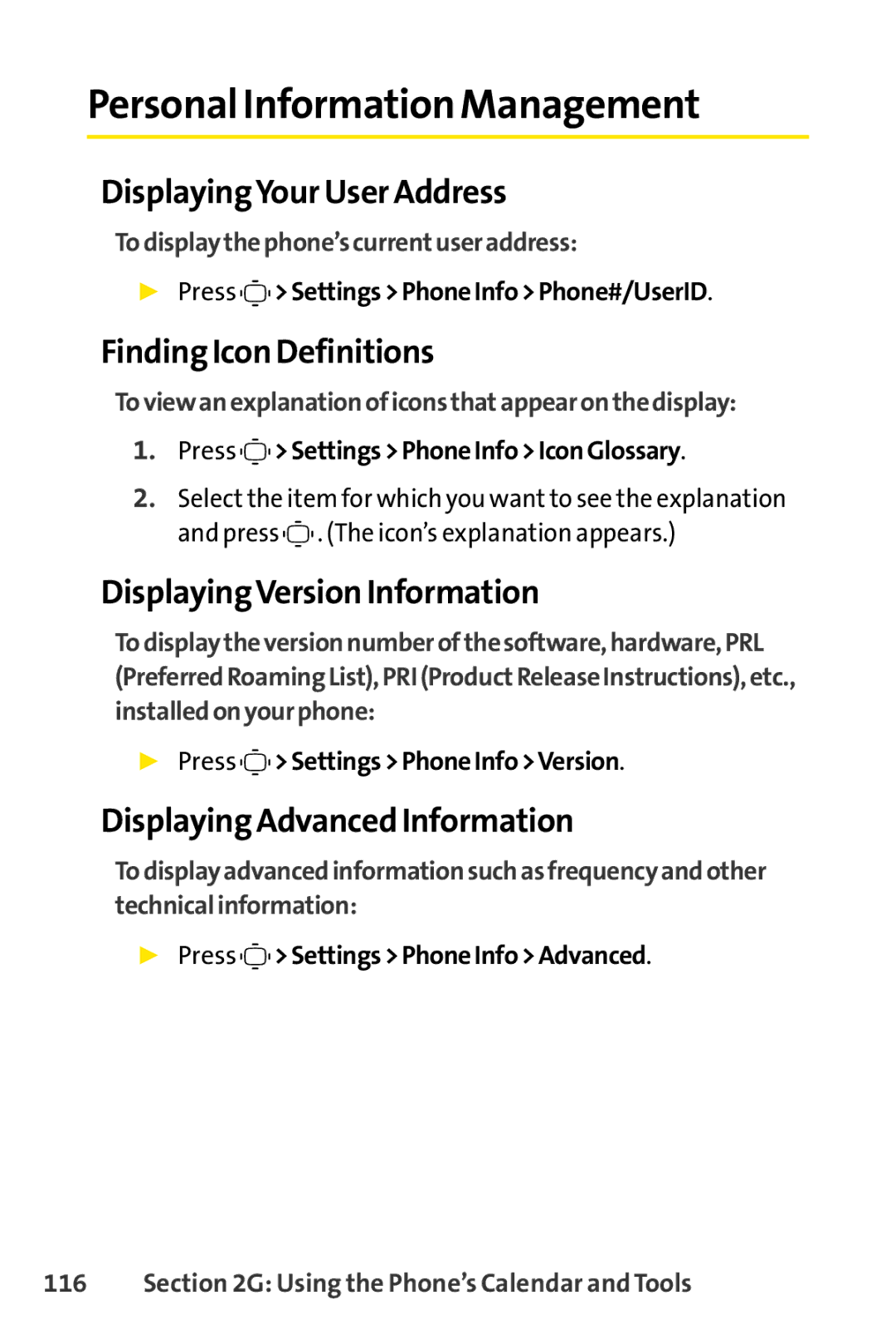 Sprint Nextel S1 manual Personal Information Management, DisplayingYour User Address, Finding Icon Definitions 