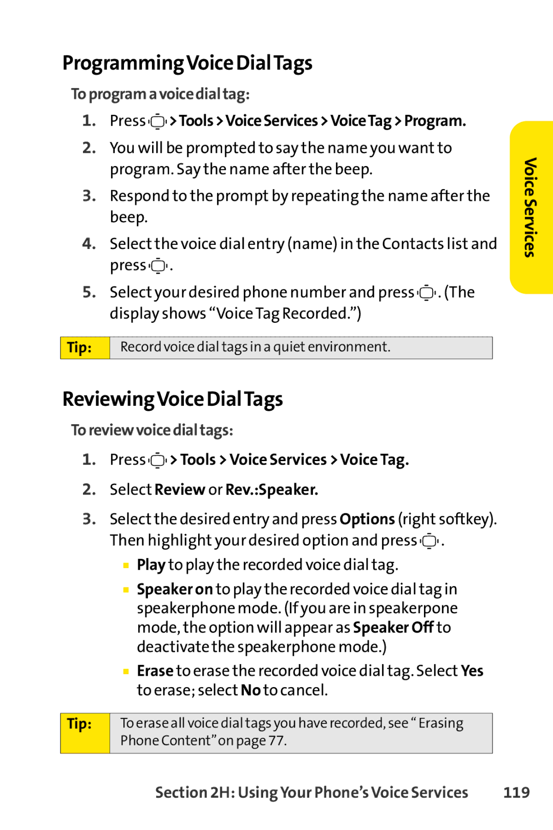 Sprint Nextel S1 ProgrammingVoice DialTags, ReviewingVoice DialTags, To program a voicedial tag, To reviewvoice dial tags 