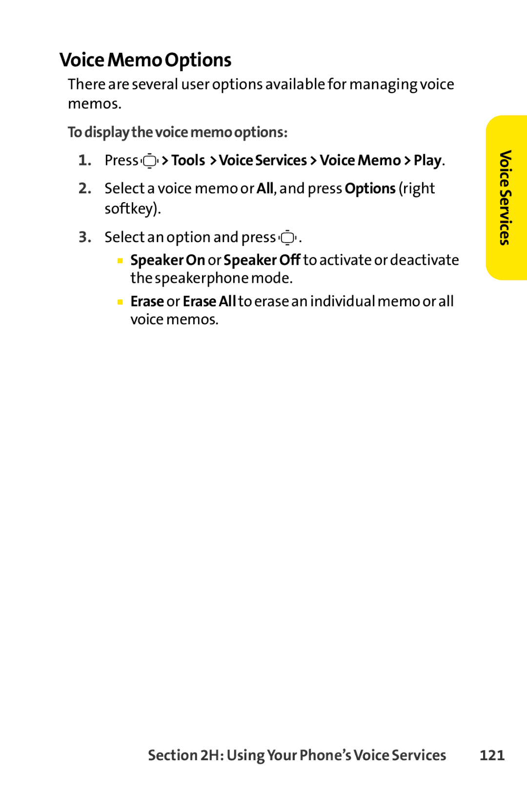 Sprint Nextel S1 manual Voice Memo Options, To display the voice memo options, 121 