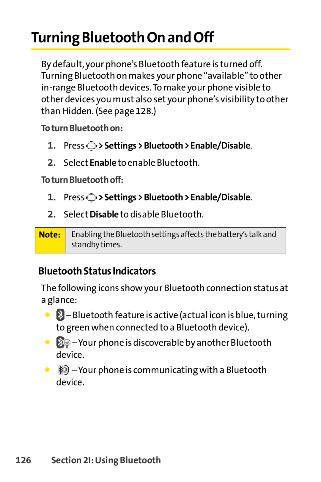 Sprint Nextel S1 Turning Bluetooth On and Off, BluetoothStatus Indicators, To turn Bluetooth on, To turn Bluetooth off 