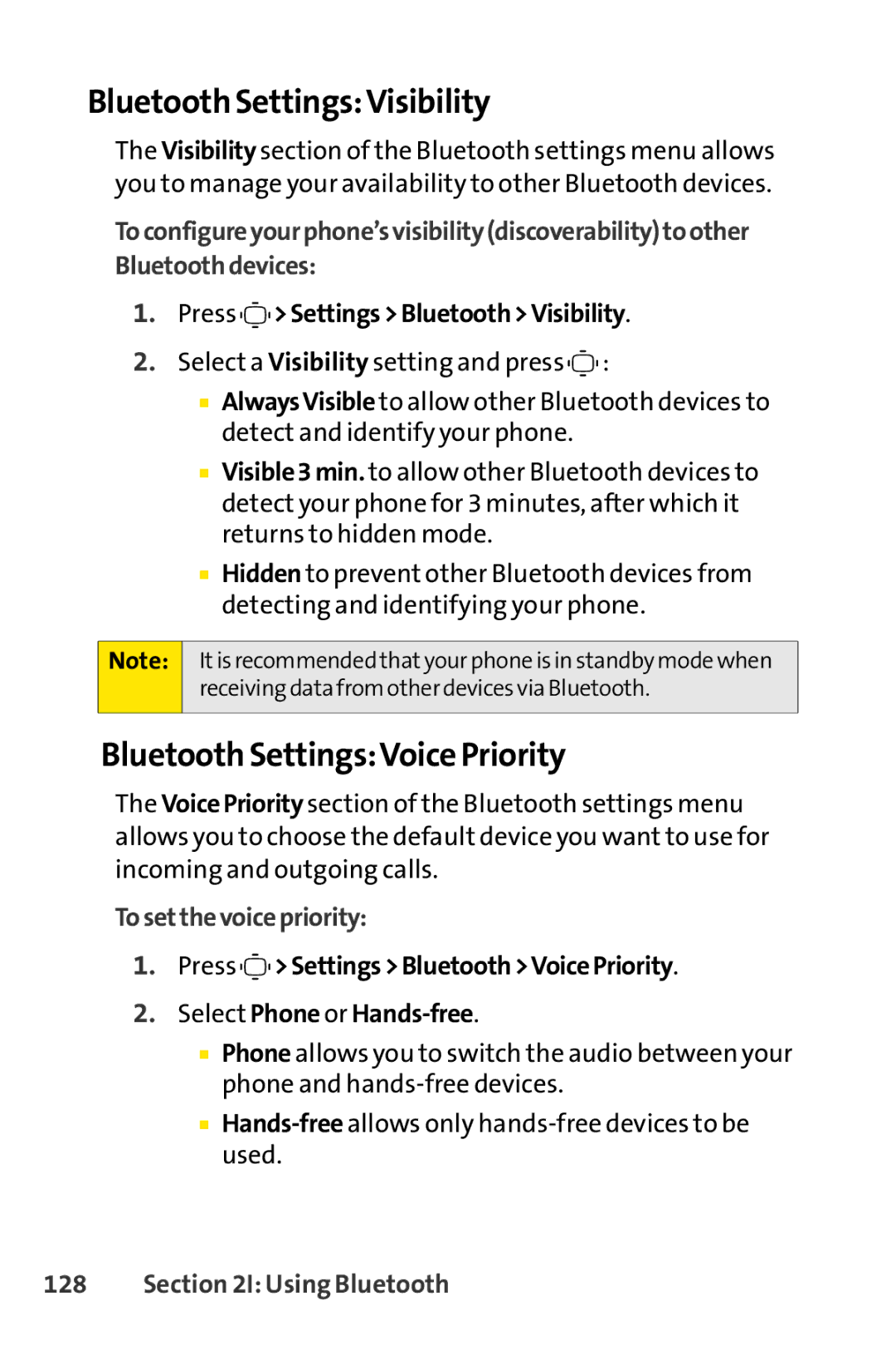 Sprint Nextel S1 manual Bluetooth SettingsVisibility, Bluetooth SettingsVoice Priority, Press Settings BluetoothVisibility 