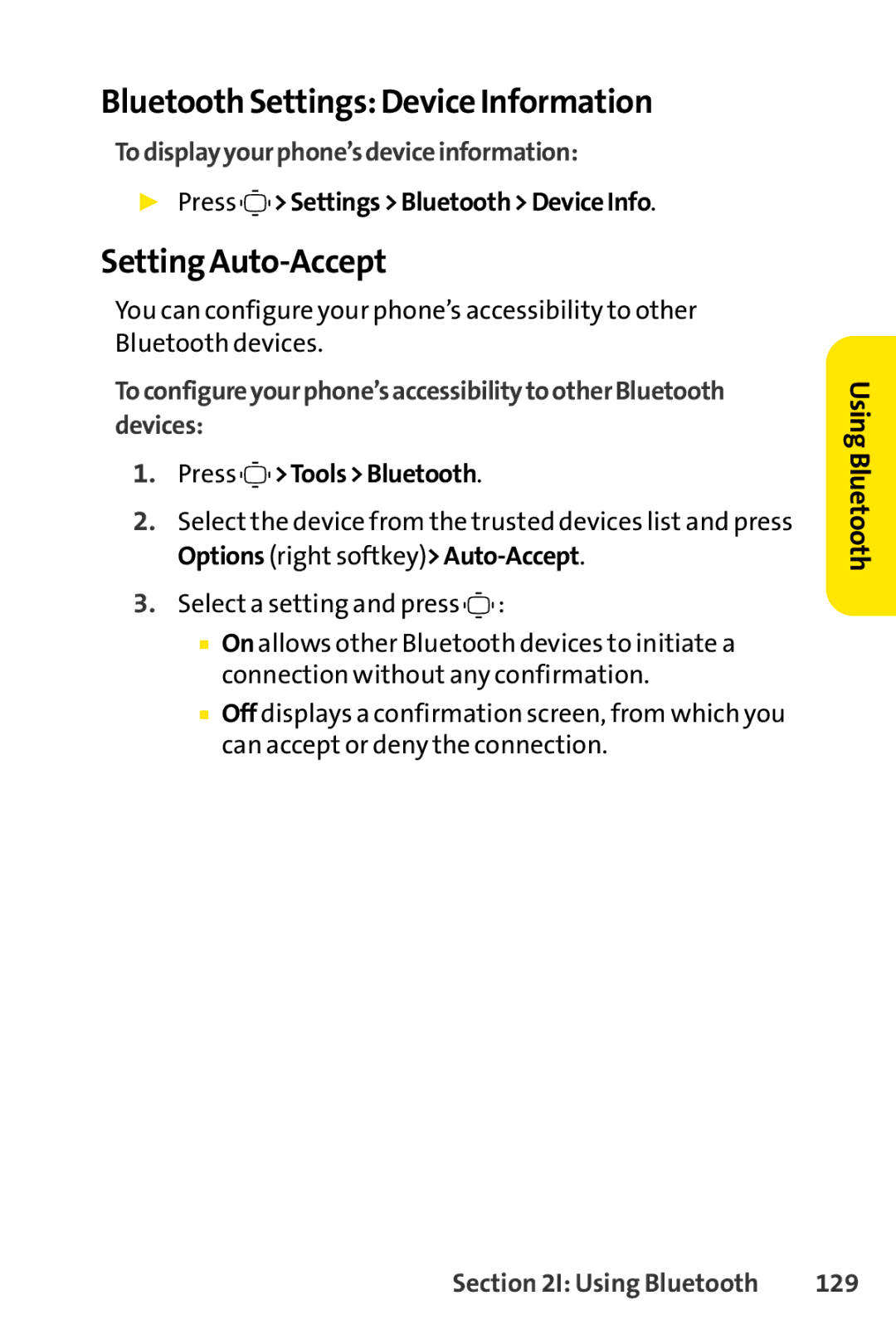 Sprint Nextel S1 Bluetooth Settings Device Information, Setting Auto-Accept, To display your phone’s device information 