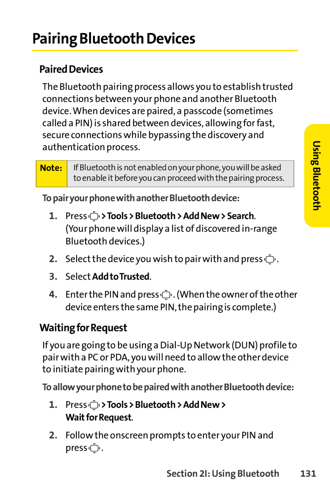 Sprint Nextel S1 manual Pairing Bluetooth Devices, Paired Devices, Waiting for Request, 131 