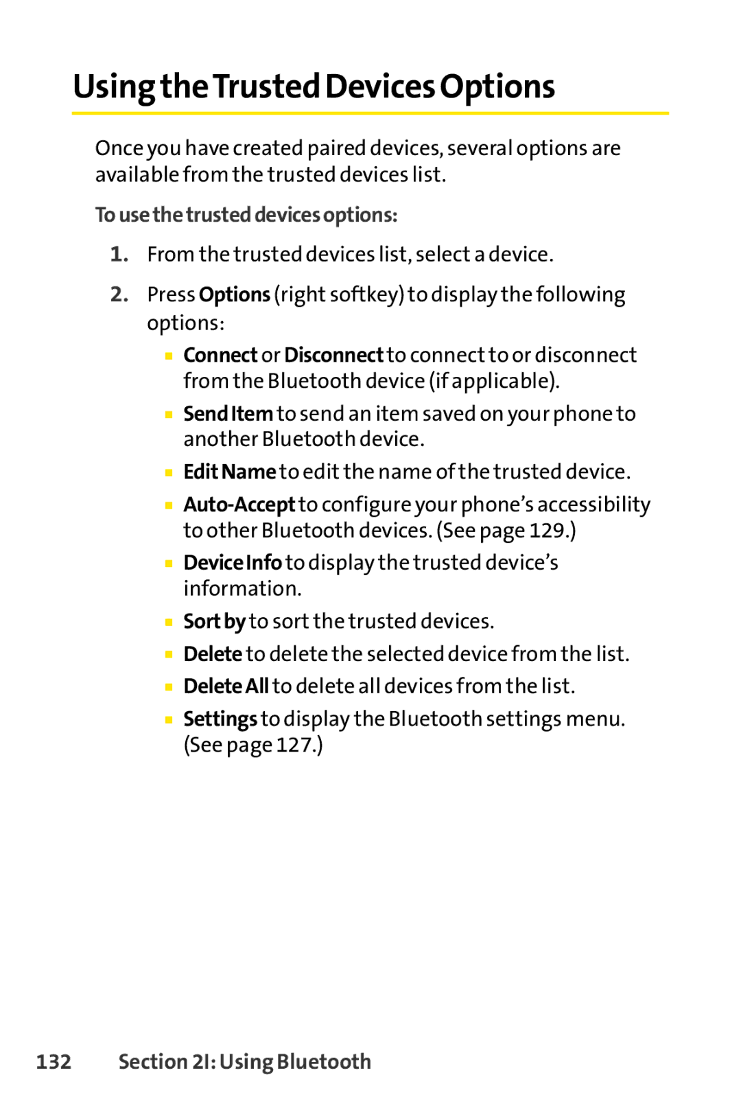 Sprint Nextel S1 manual Using theTrusted Devices Options, To use the trusted devicesoptions 