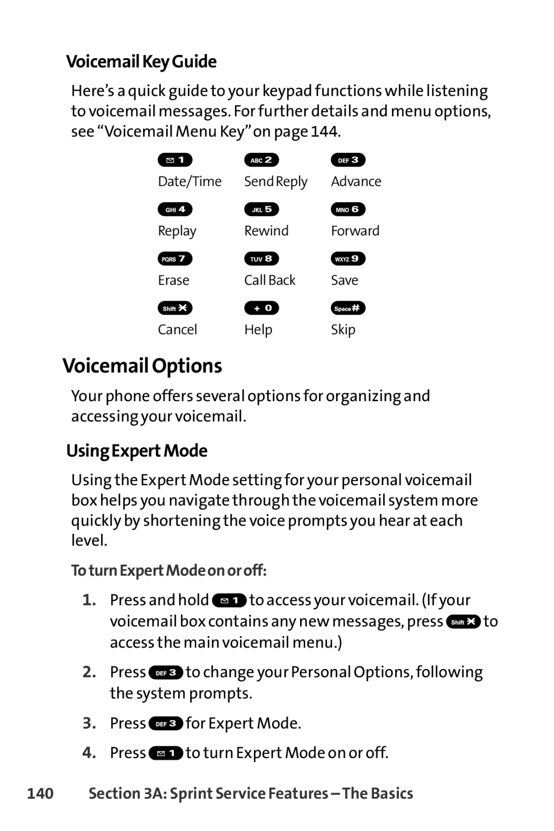 Sprint Nextel S1 manual Voicemail Options, Voicemail Key Guide, Using ExpertMode, To turn ExpertMode on oroff 