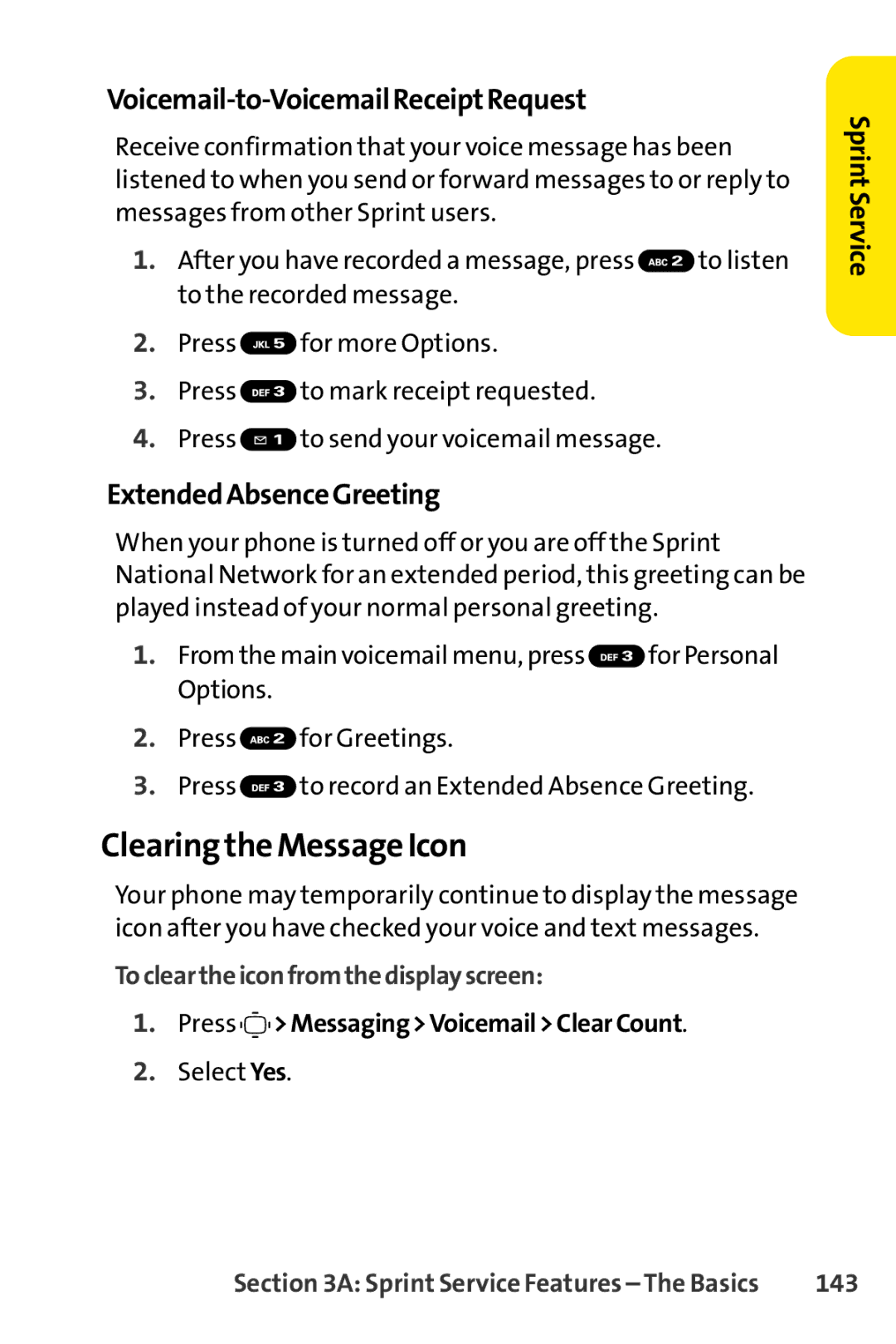 Sprint Nextel S1 manual Clearing the Message Icon, Voicemail-to-Voicemail ReceiptRequest, Extended AbsenceGreeting, 143 