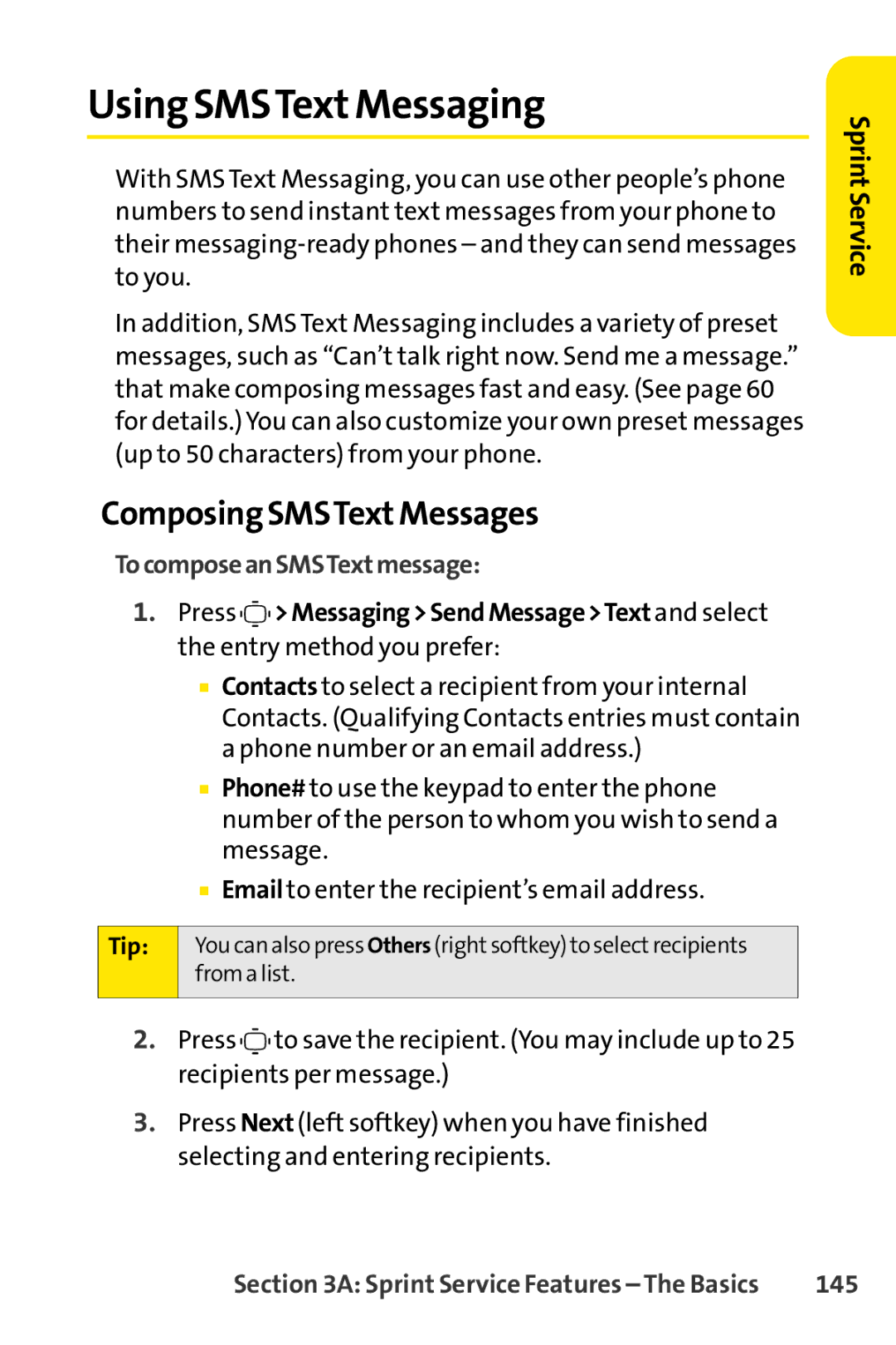 Sprint Nextel S1 manual Using SMSText Messaging, Composing SMSTextMessages, To compose an SMSTextmessage, 145 