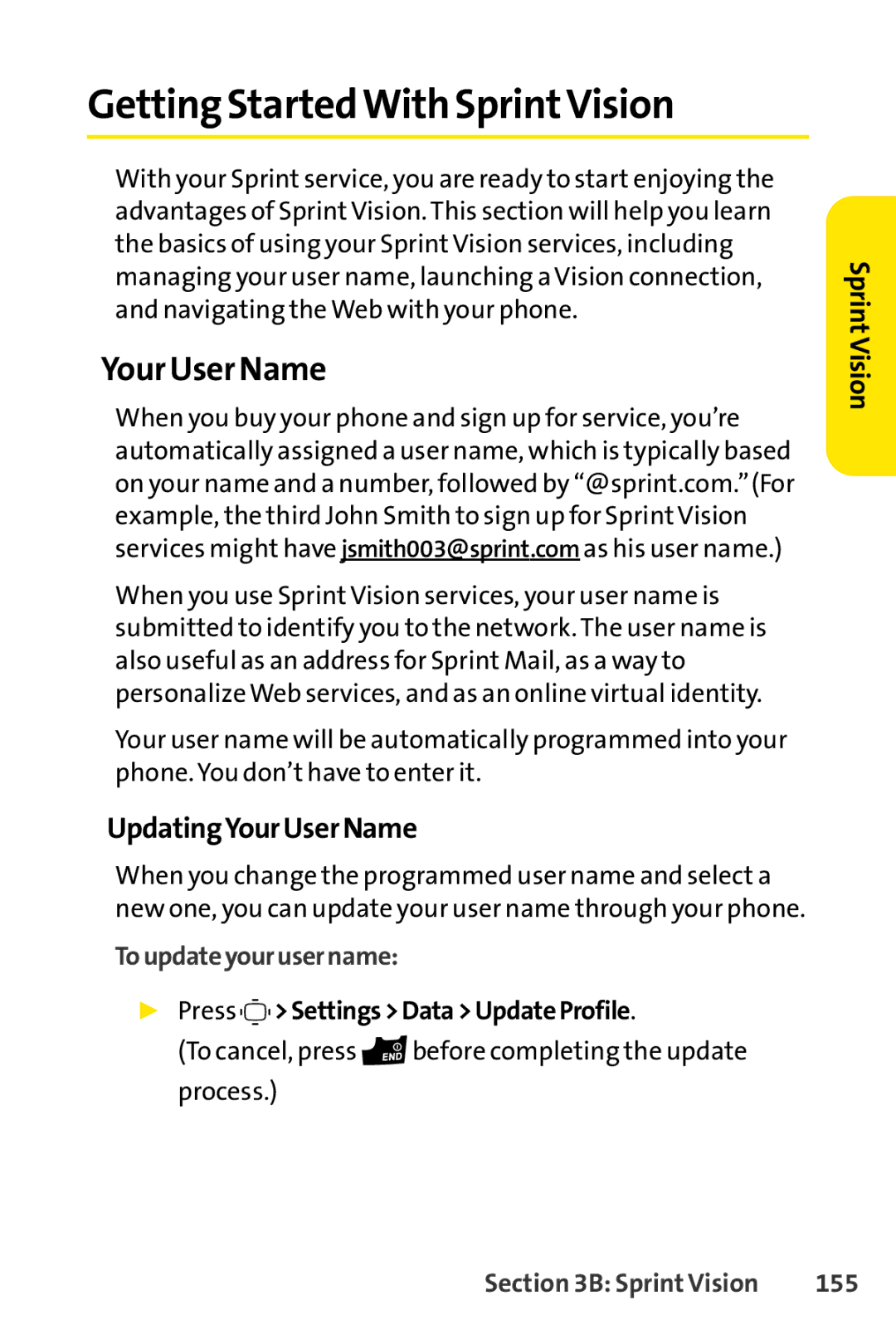 Sprint Nextel S1 Getting StartedWith SprintVision, Your User Name, UpdatingYourUser Name, Toupdate your username, 155 