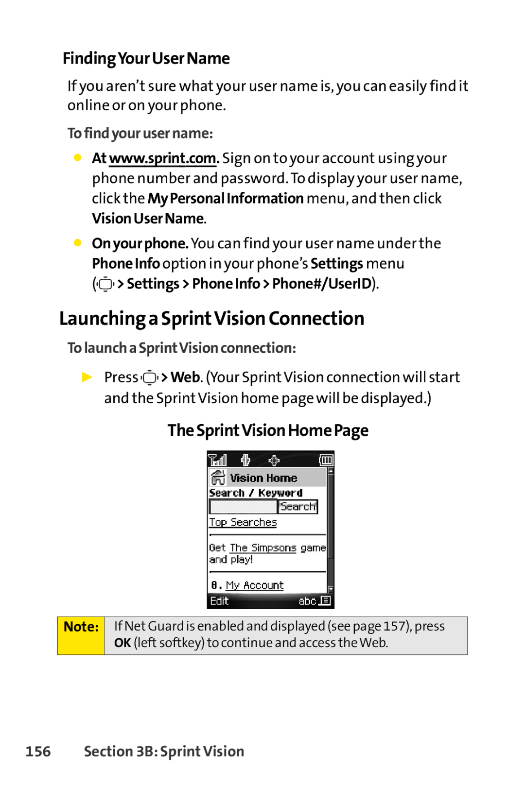 Sprint Nextel S1 Launching a SprintVision Connection, FindingYour User Name, SprintVision Home, To find your username 