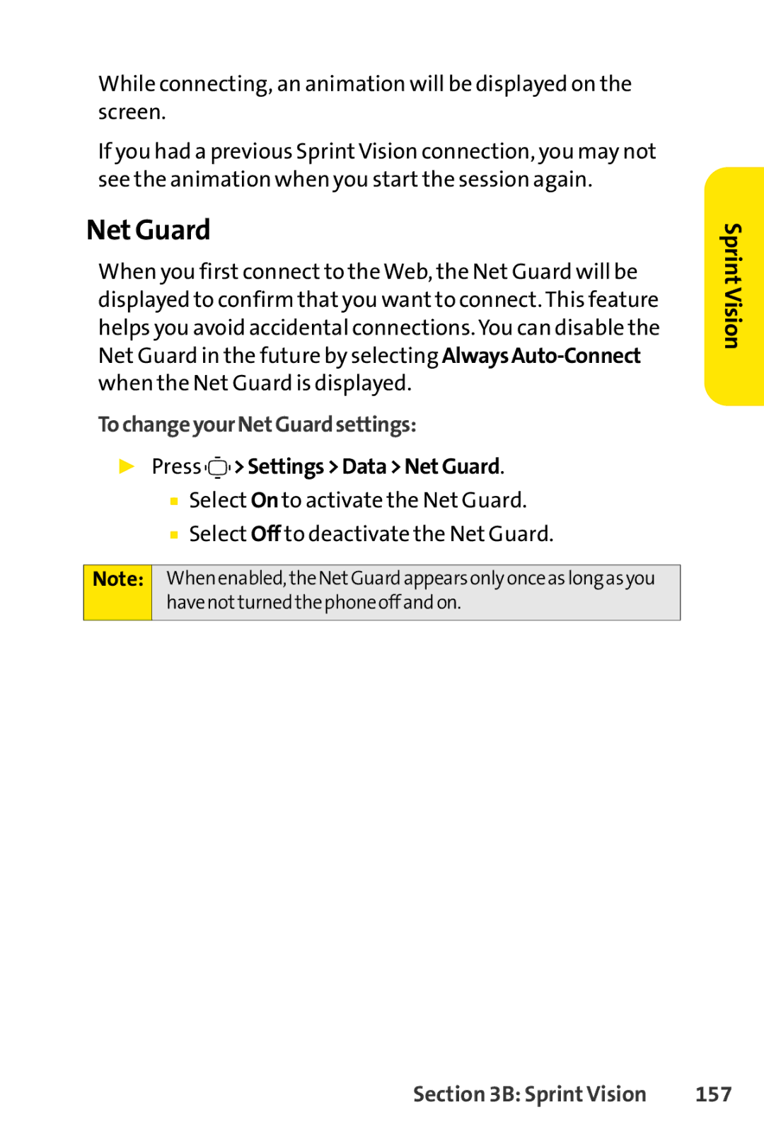 Sprint Nextel S1 manual Net Guard, To changeyour NetGuard settings, Press Settings Data NetGuard, 157 