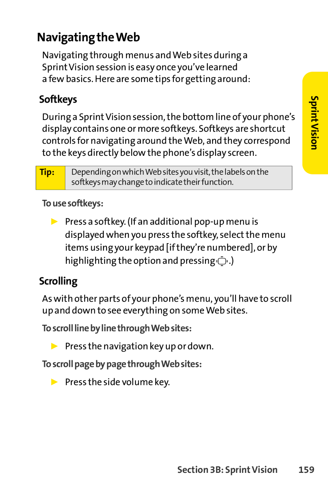 Sprint Nextel S1 manual Navigating theWeb, Softkeys, Scrolling 