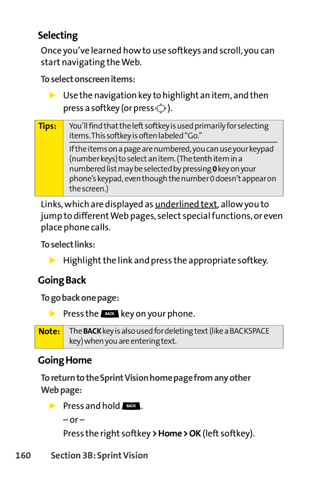 Sprint Nextel S1 manual Selecting, Going Back, Going Home 