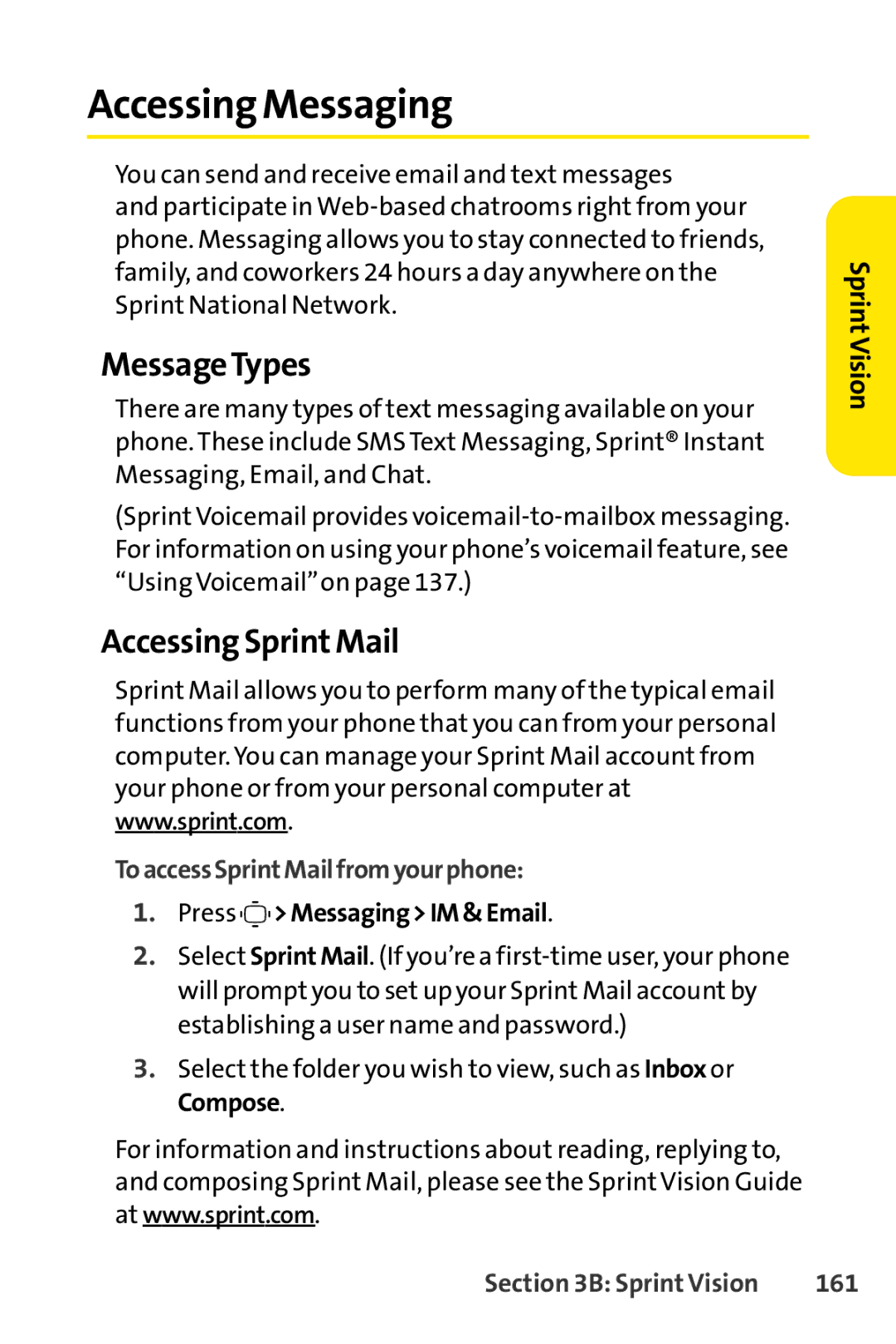 Sprint Nextel S1 manual Accessing Messaging, MessageTypes, Accessing Sprint Mail, To access SprintMailfromyour phone, 161 