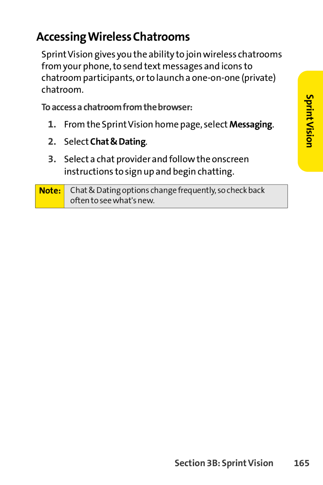 Sprint Nextel S1 manual AccessingWireless Chatrooms, To access a chatroom from the browser, Select Chat& Dating, 165 