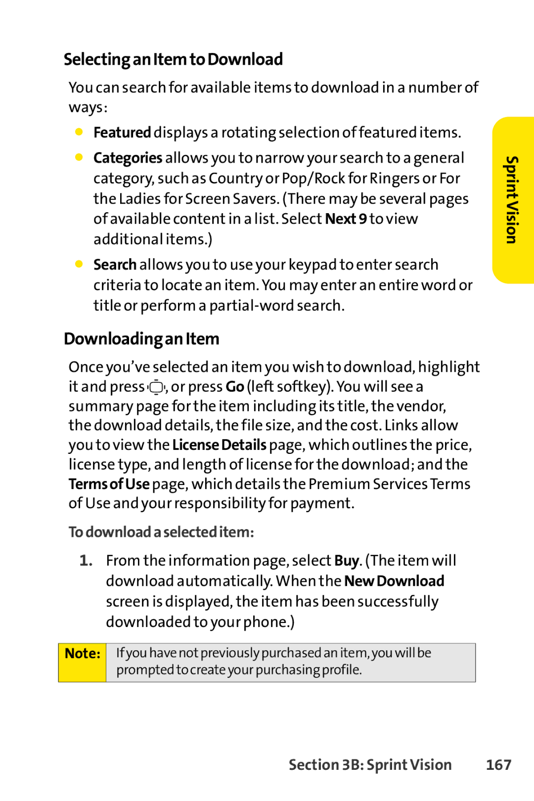 Sprint Nextel S1 manual Selecting an Item to Download, Downloading an Item, To download aselected item, 167 