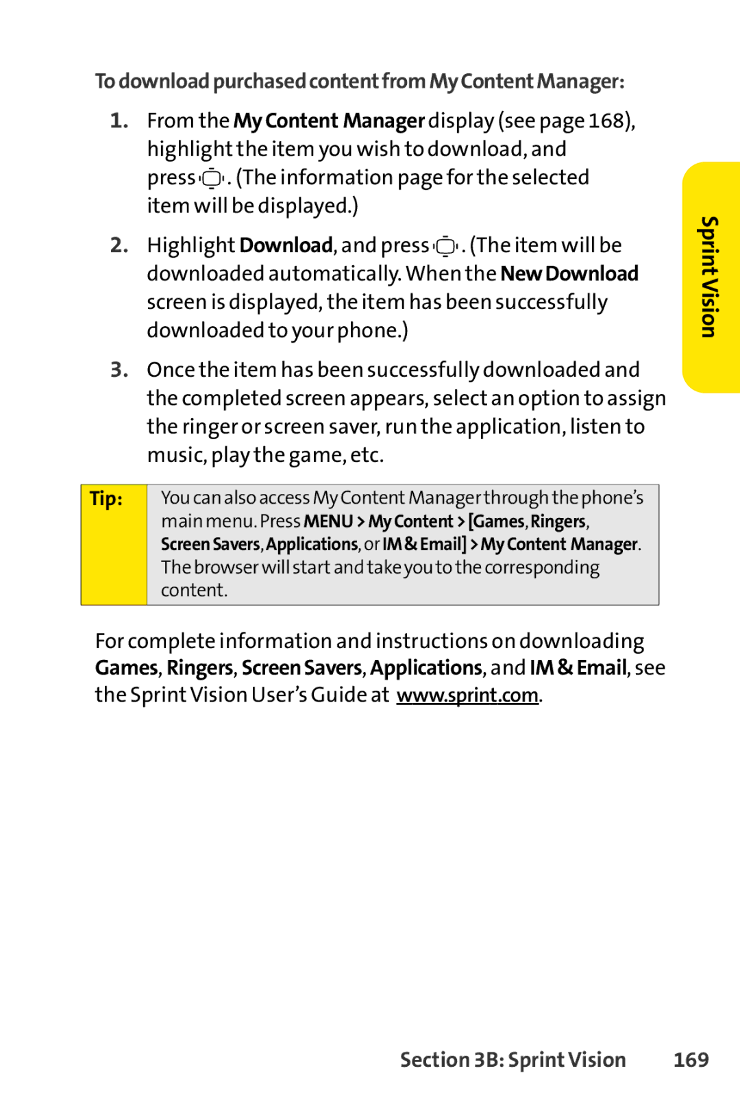 Sprint Nextel S1 manual 169, Main menu. Press Menu MyContentGames,Ringers 