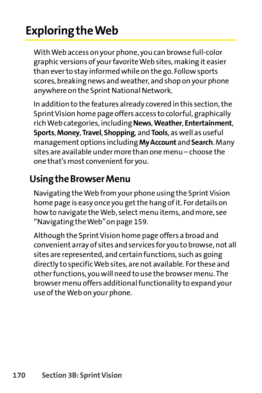 Sprint Nextel S1 manual Exploring theWeb, Using the Browser Menu 