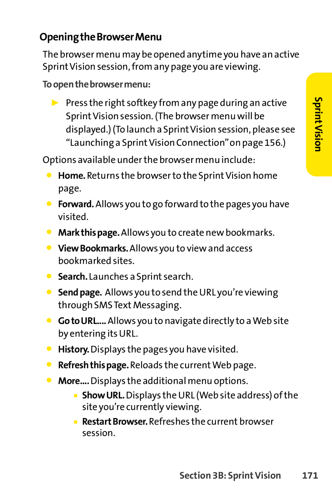 Sprint Nextel S1 manual Openingthe Browser Menu, To open the browser menu, 171 