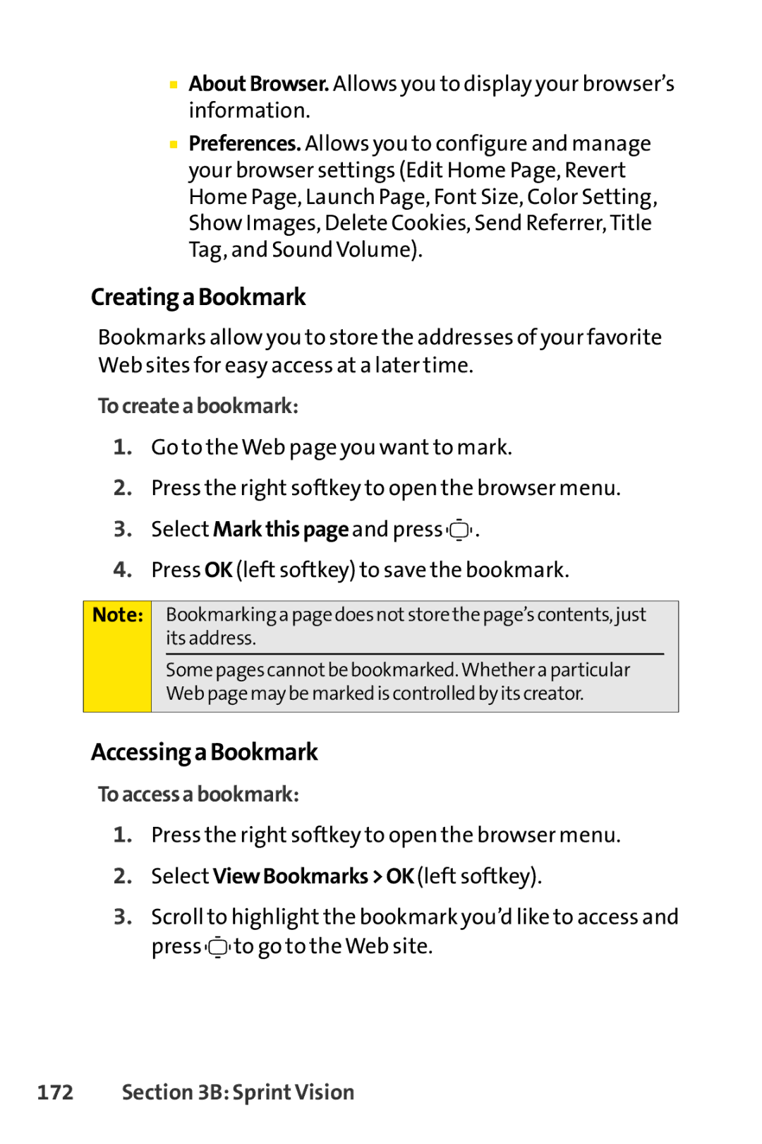 Sprint Nextel S1 manual Creating a Bookmark, Accessing a Bookmark, To createa bookmark, To access a bookmark 