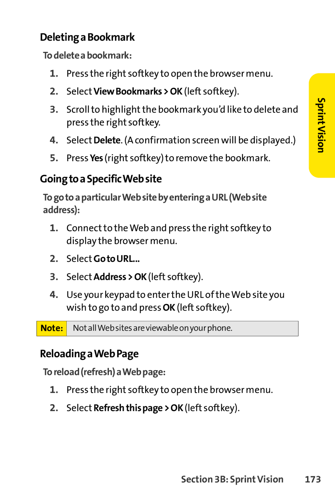 Sprint Nextel S1 manual Deleting a Bookmark, Going to a SpecificWebsite, Reloading aWeb 