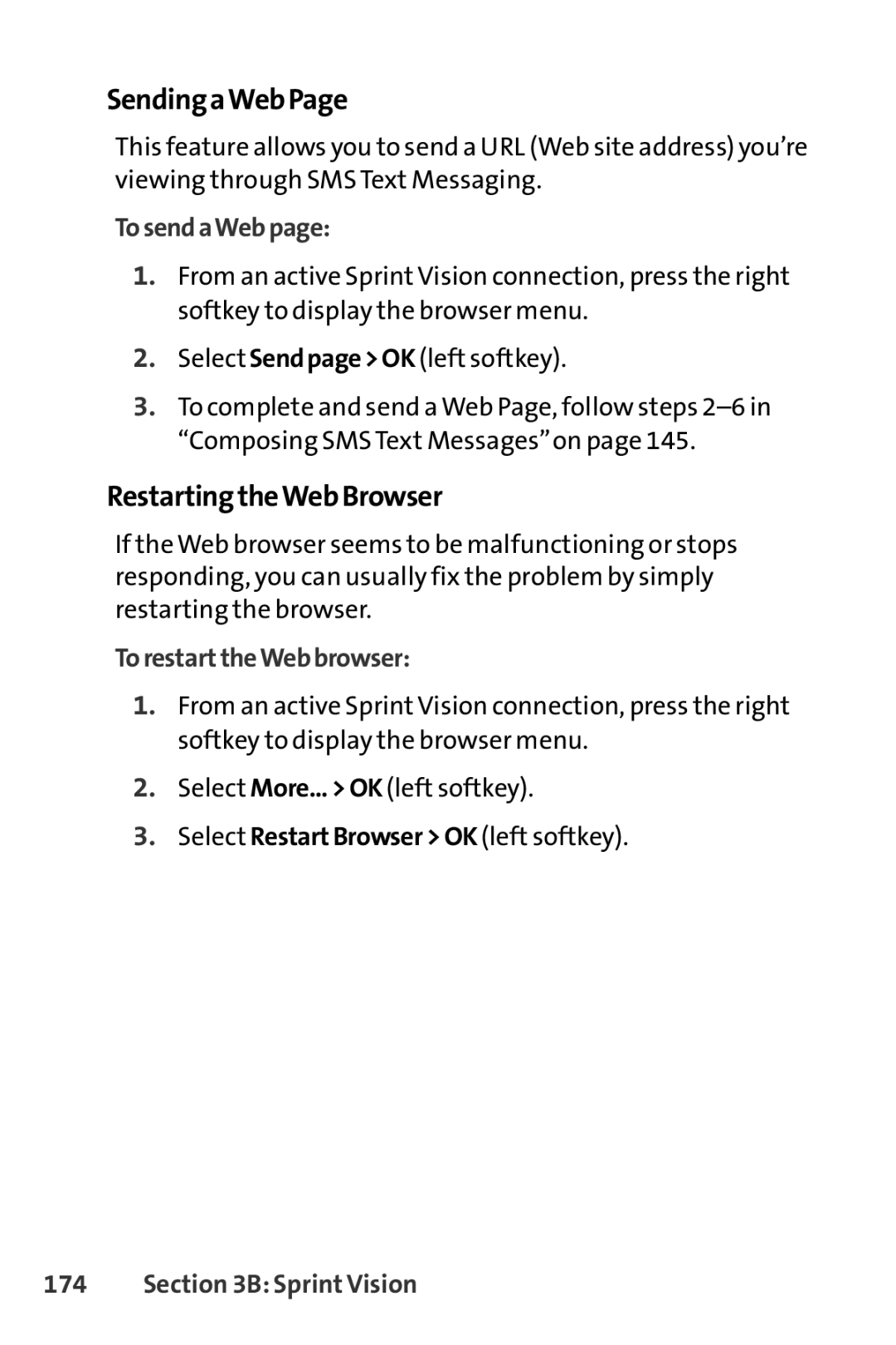 Sprint Nextel S1 manual Sending aWeb, Restarting theWebBrowser, To sendaWeb, To restarttheWeb browser 