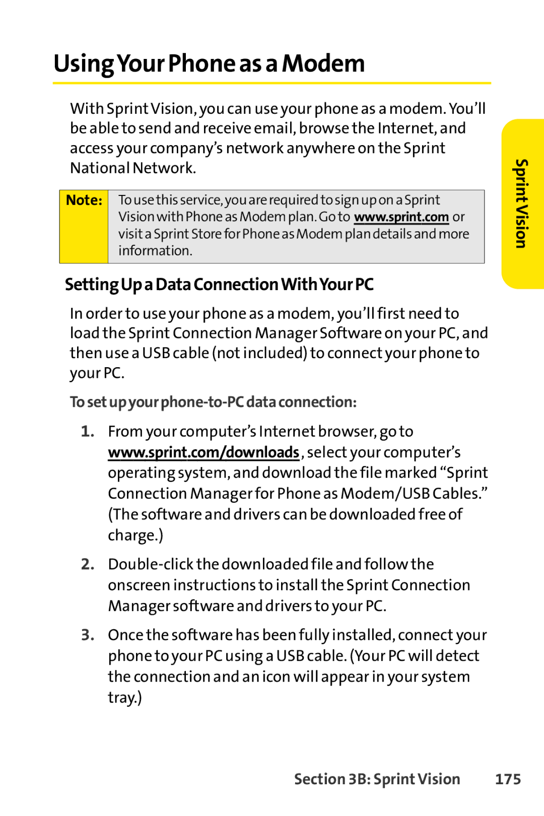 Sprint Nextel S1 manual UsingYour Phone as a Modem, SettingUpa Data ConnectionWithYour PC, 175 