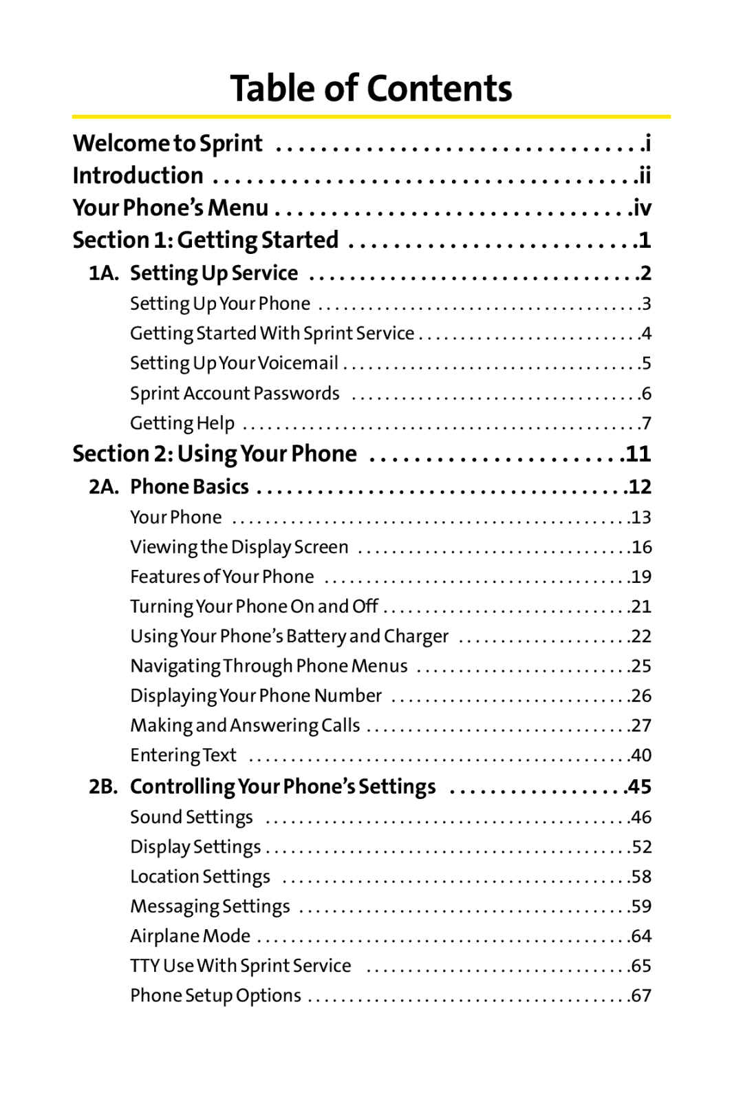 Sprint Nextel S1 manual Table of Contents 