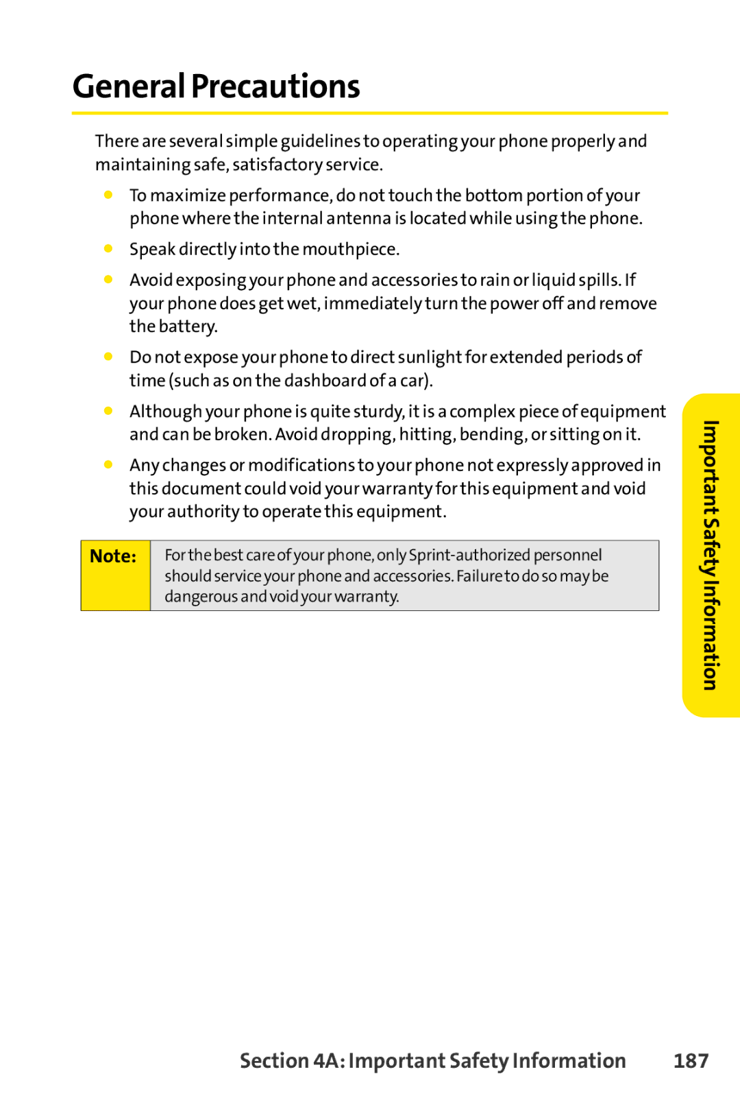 Sprint Nextel S1 manual General Precautions, Important SafetyInformation, 187 