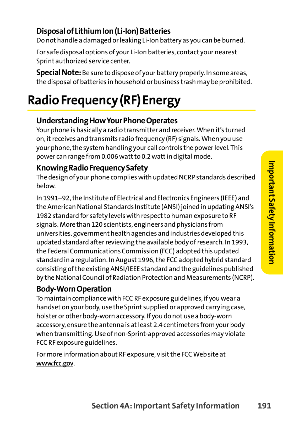 Sprint Nextel S1 manual Radio Frequency RF Energy, 191 