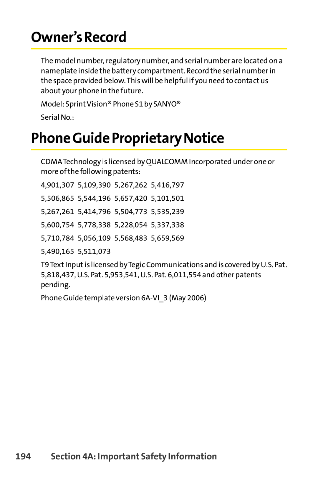 Sprint Nextel S1 manual Owner’s Record, Phone Guide Proprietary Notice 