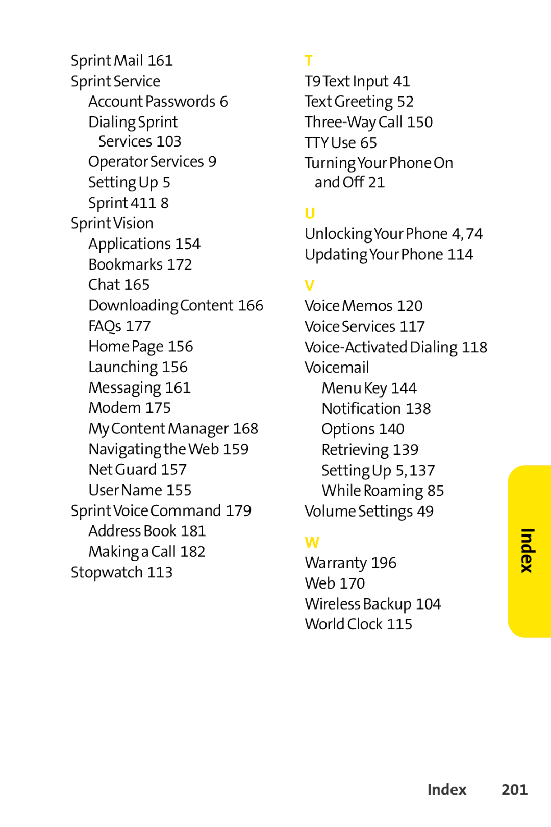 Sprint Nextel S1 manual Index 