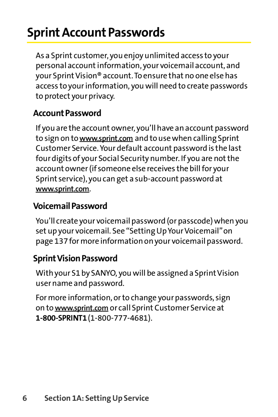 Sprint Nextel S1 manual Sprint Account Passwords, Account Password Voicemail Password, SprintVision Password 