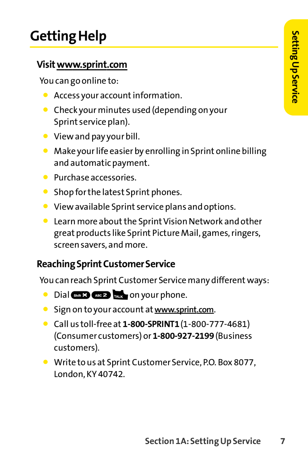 Sprint Nextel S1 manual Getting Help, Reaching SprintCustomer Service 